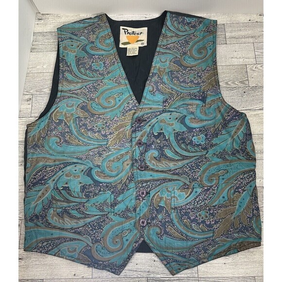 Vintage 90's PROTEST CLOTHING Silk Vest Sz Med Paisley Blue Preppy Fairy Grunge - Picture 1 of 10